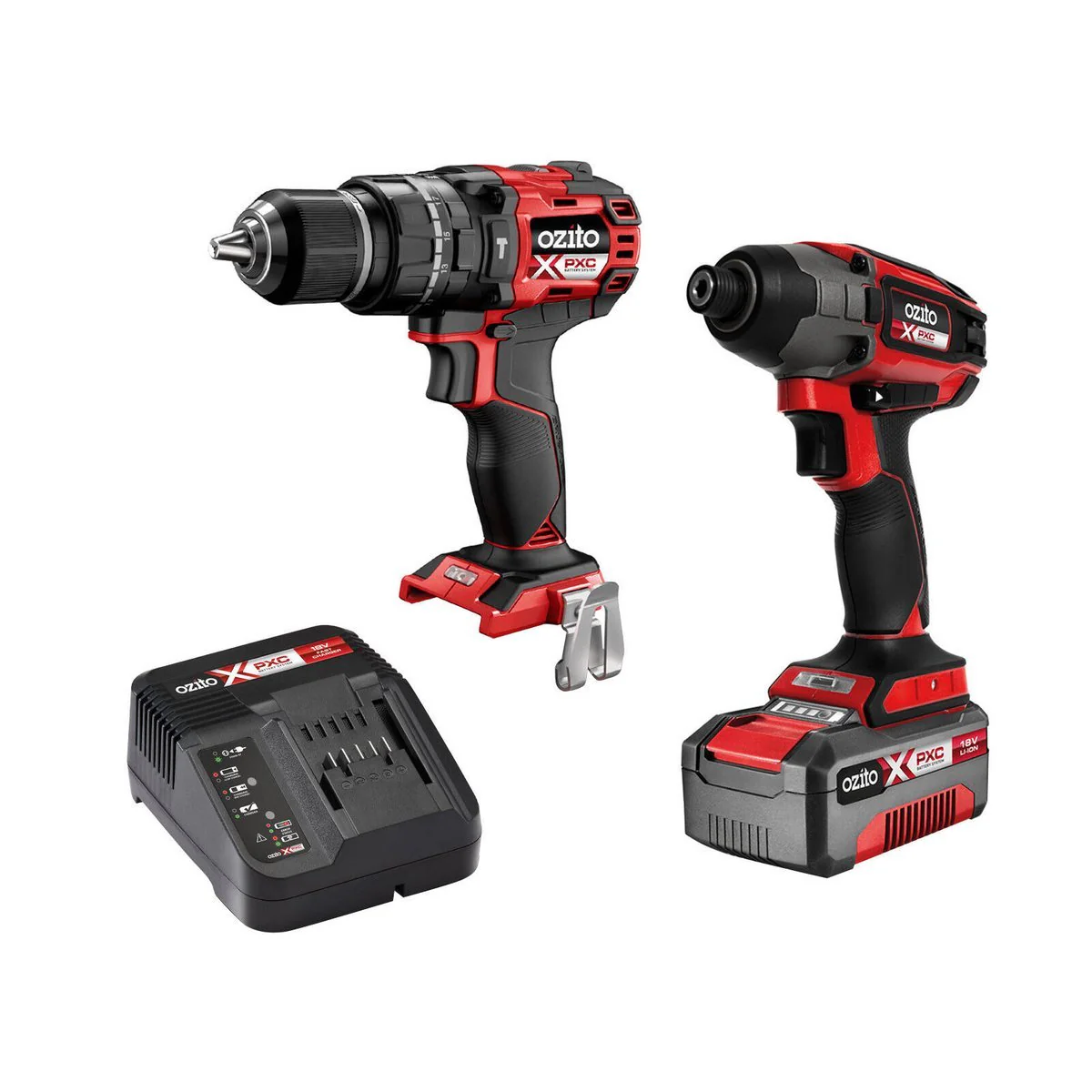 Ozito PXC 18V Brushless Hammer Drill & Impact Driver Kit PXBHIK 400 - 13mm & 6.35mm - 220Nm Torque - LED Worklight - Quick-Connect Chuck