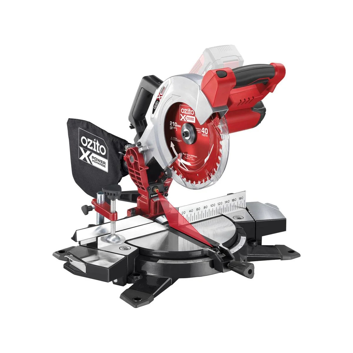 Ozito PXC 210mm 18V Compound Mitre Saw - Cordless, Lightweight, Red/Black