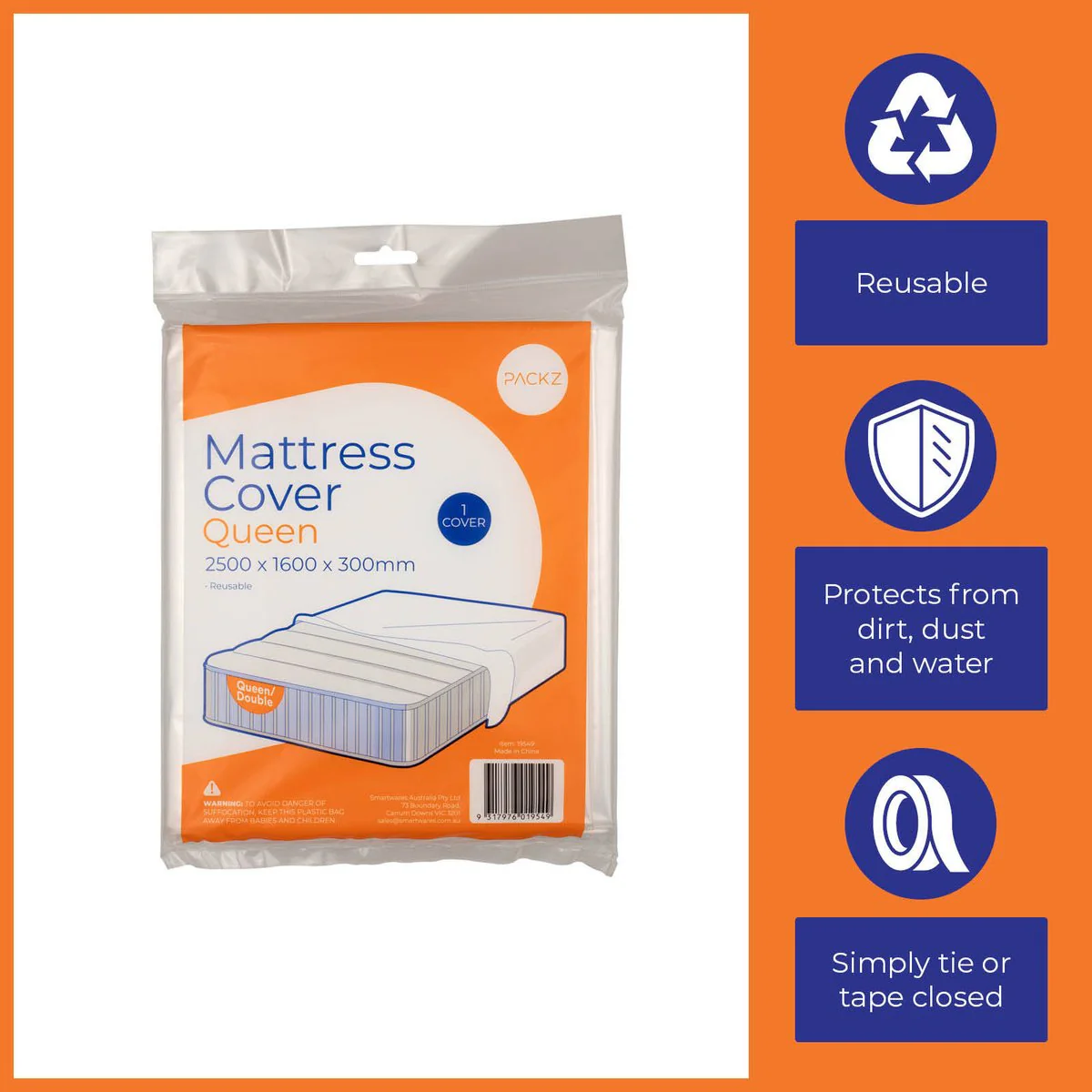 Packz Double Queen Mattress Cover - 2500 x 1600 x 300mm - Clear - Reusable Protection - Image 5