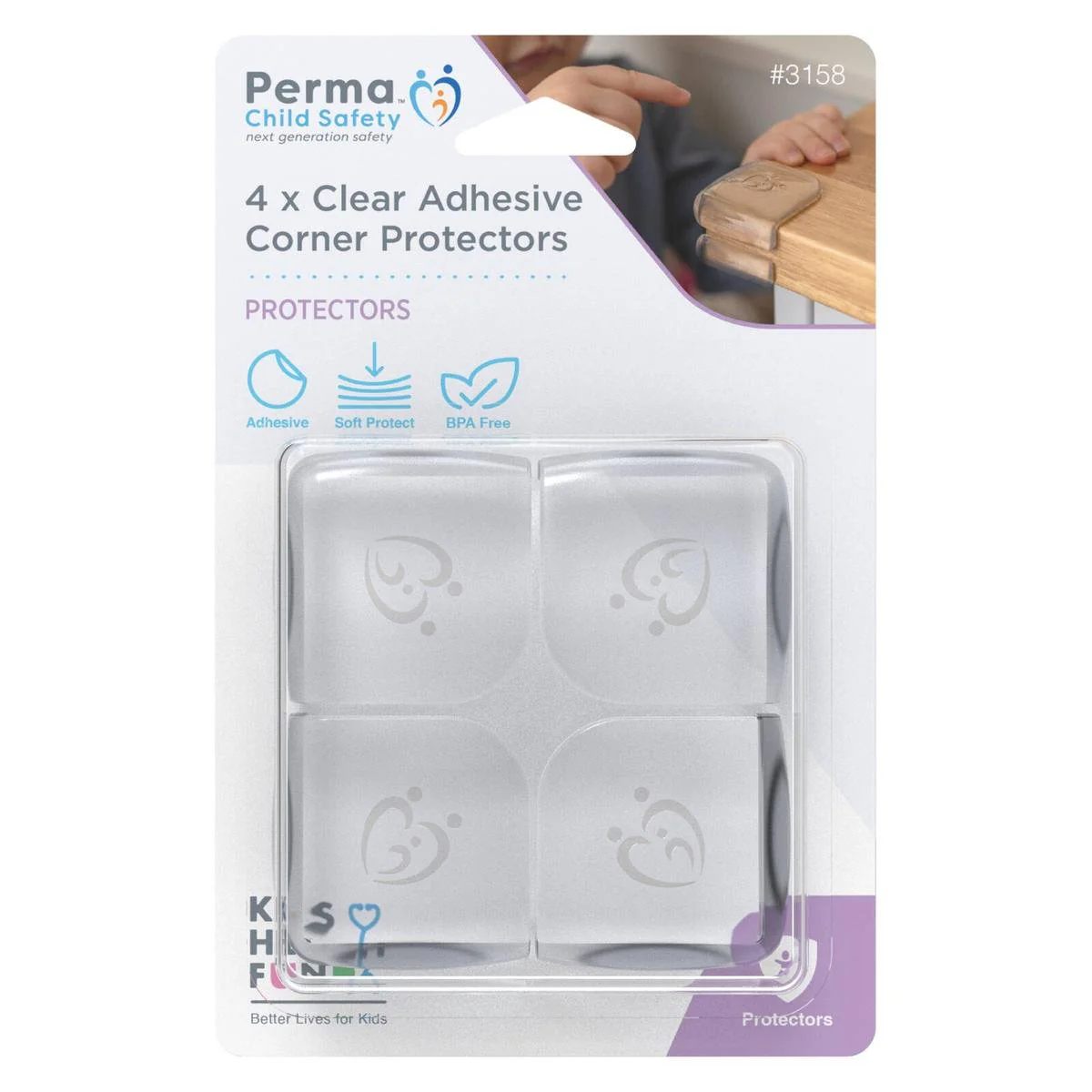 Perma Child Safety Clear Adhesive Corner Protectors 4 Pack - 40mm x 40mm - BPA-Free PVC