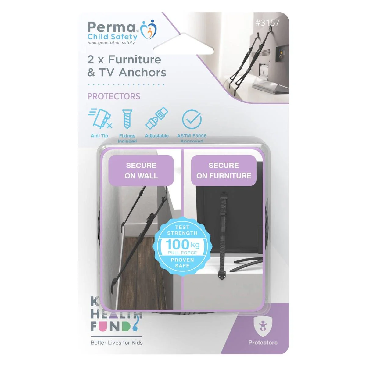 Perma Child Safety TV and Furniture Anchors 2 Pack - Adjustable 14.5cm to 90cm - Holds up to 100kg