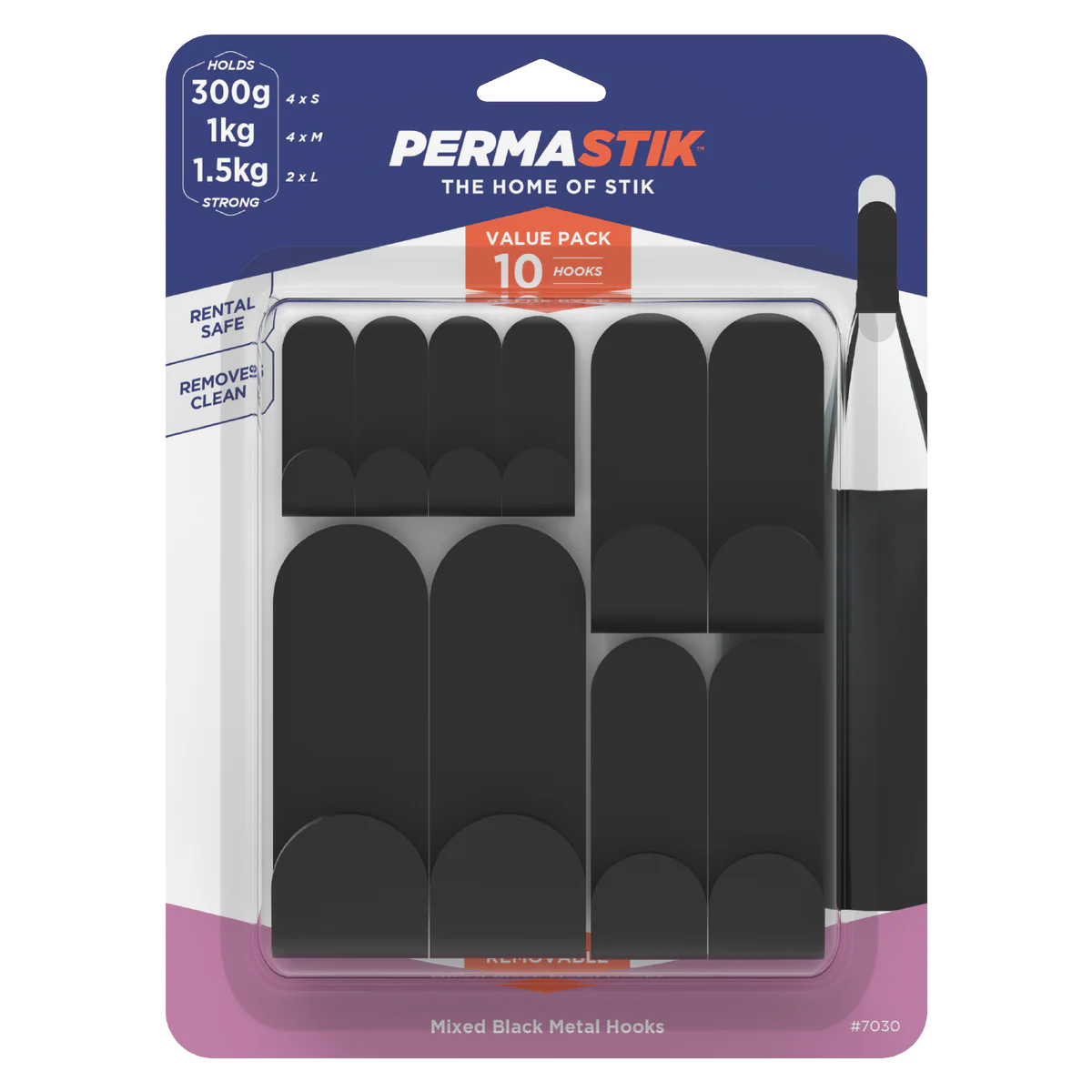 Permastik Black Mixed Metal Hooks 10 Pack - 160mm x 215mm - Adhesive, No Drilling