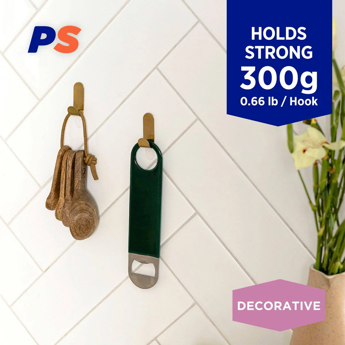 Permastik Small Brass Metal Hooks 6 Pack - 110mm x 170mm - Holds 300g - Image 2