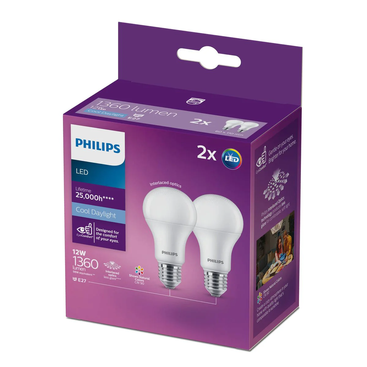 Philips A60 E27 LED Globe 12W 1360lm Cool Daylight 2 Pack 61mm x 109mm