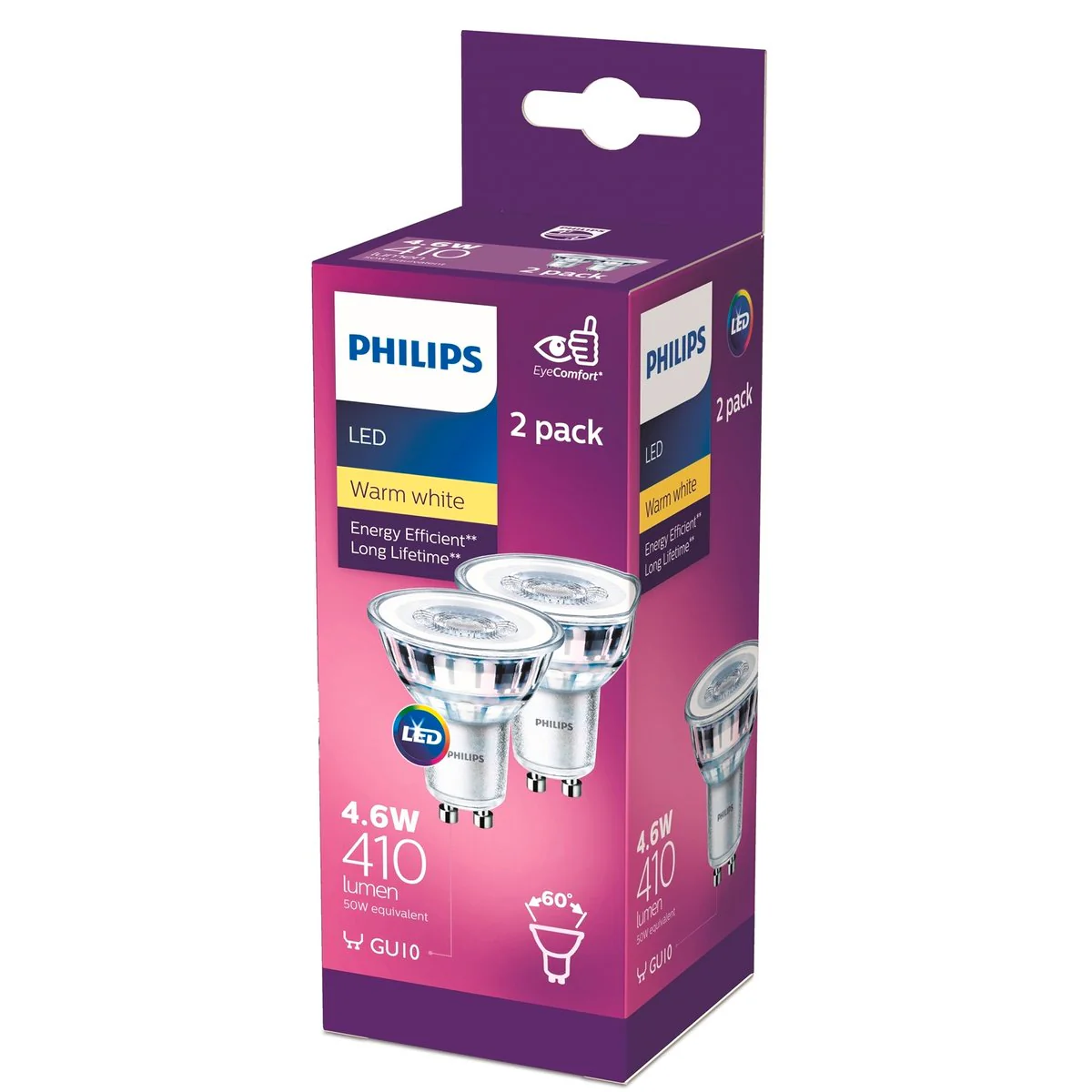Philips GU10 LED Spot Light 410lm Warm White 6W 2 Pack 50mm x 54mm - Image 2
