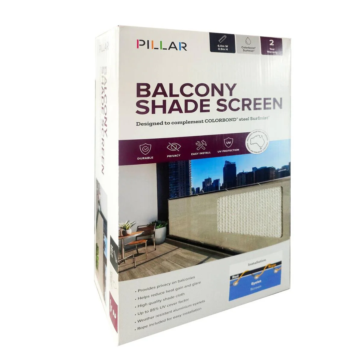 Pillar Products Balcony Screen - 0.9 x 6m - HDPE - 85% UV Cover