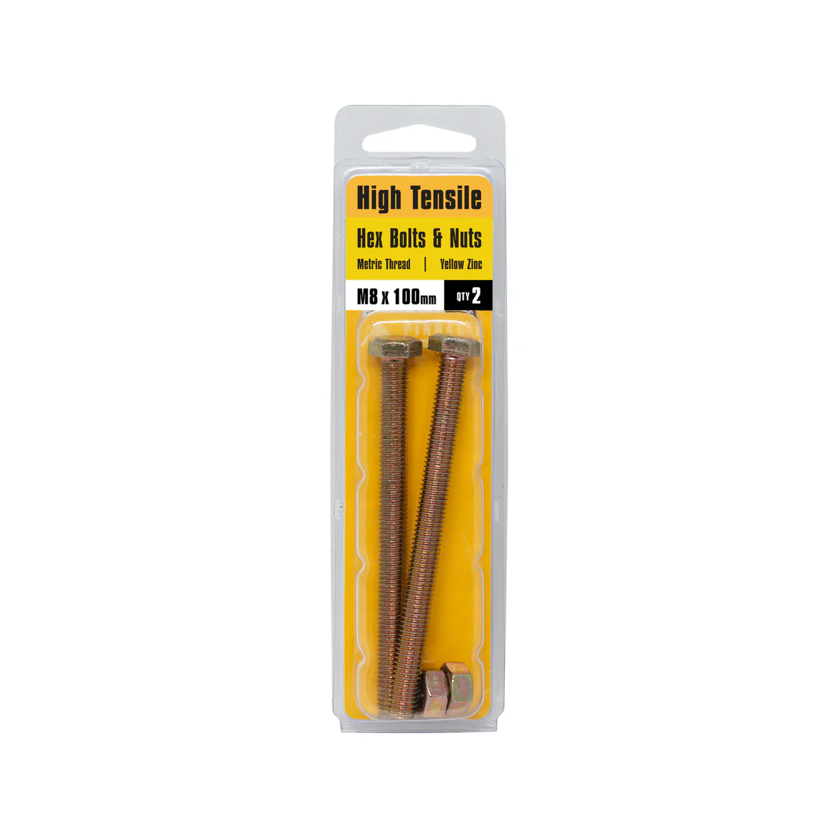 Pinnacle Hex Bolt and Nut - M8 x 100mm - Yellow Zinc - Hi Tensile - 2 Pack - Image 2
