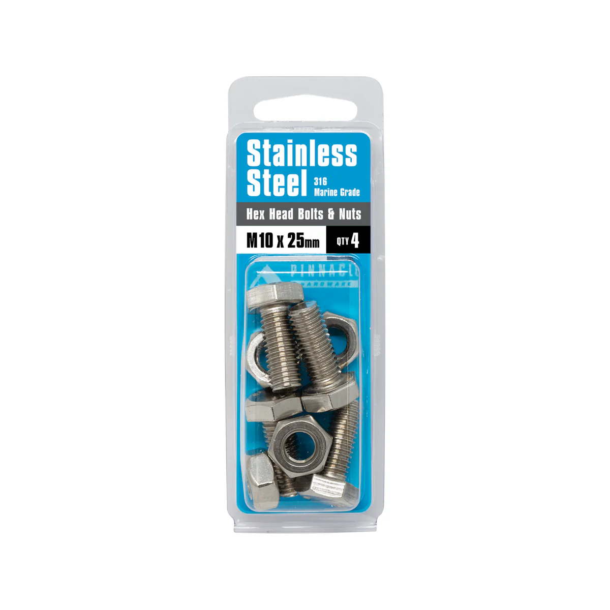 Pinnacle Hex Head Bolts and Nuts - M10 x 25mm - Stainless Steel - 4 Pack - Image 3