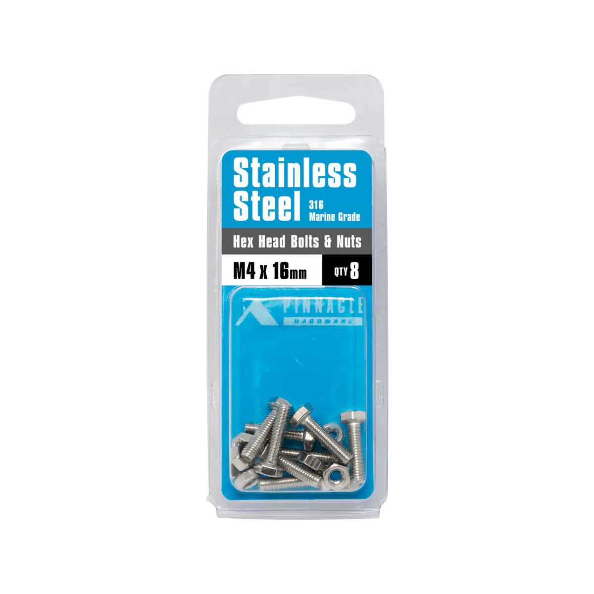 Pinnacle Hex Head Bolts and Nuts - M4 x 16mm - Stainless Steel - 8 Pack - Image 3