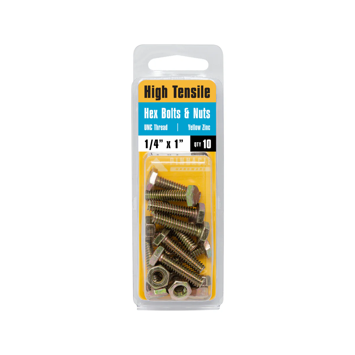 Pinnacle Hi Tensile Hex Bolt & Nut - 1/4 x 1" - Yellow Zinc - 10 Pack - Image 2