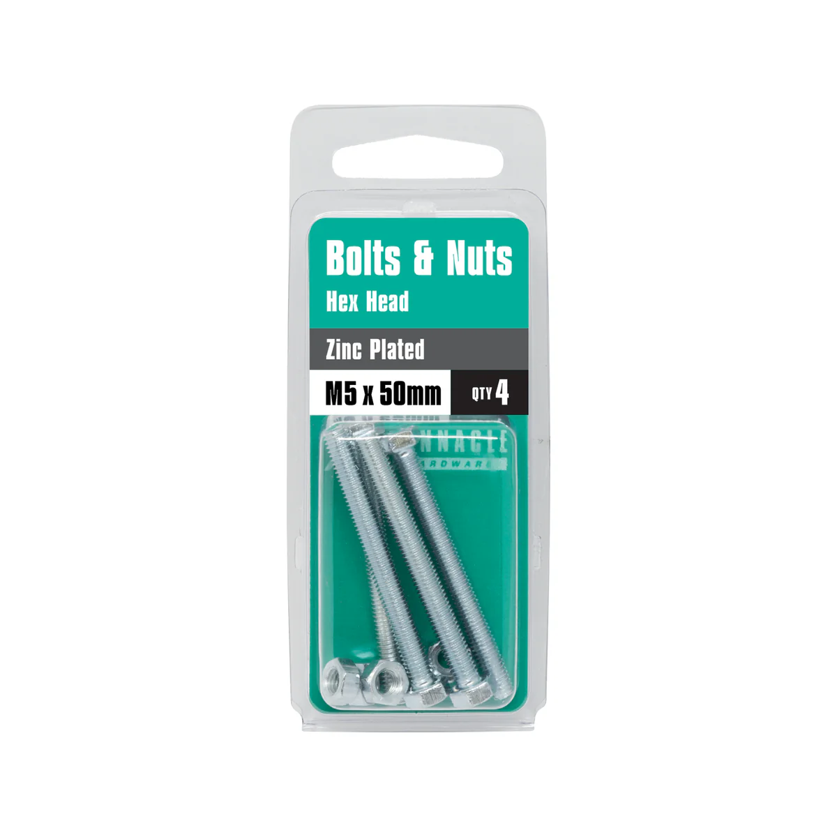 Pinnacle M5 Zinc Plated Hex Head Bolts and Nuts 4 Pack - 50mm Length - Image 3