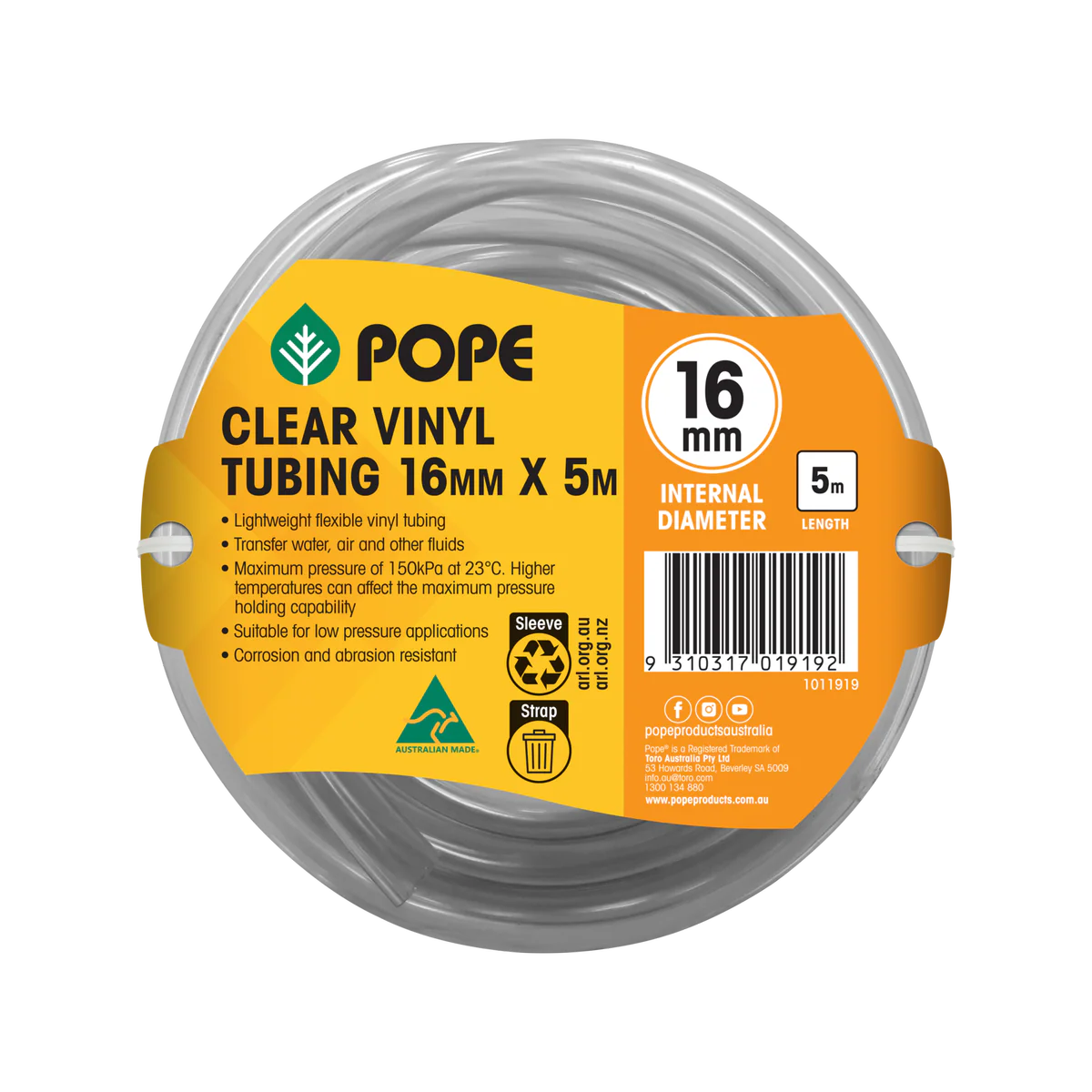Pope Clear Vinyl Tubing - 16mm x 5m - Flexible - Corrosion Resistant