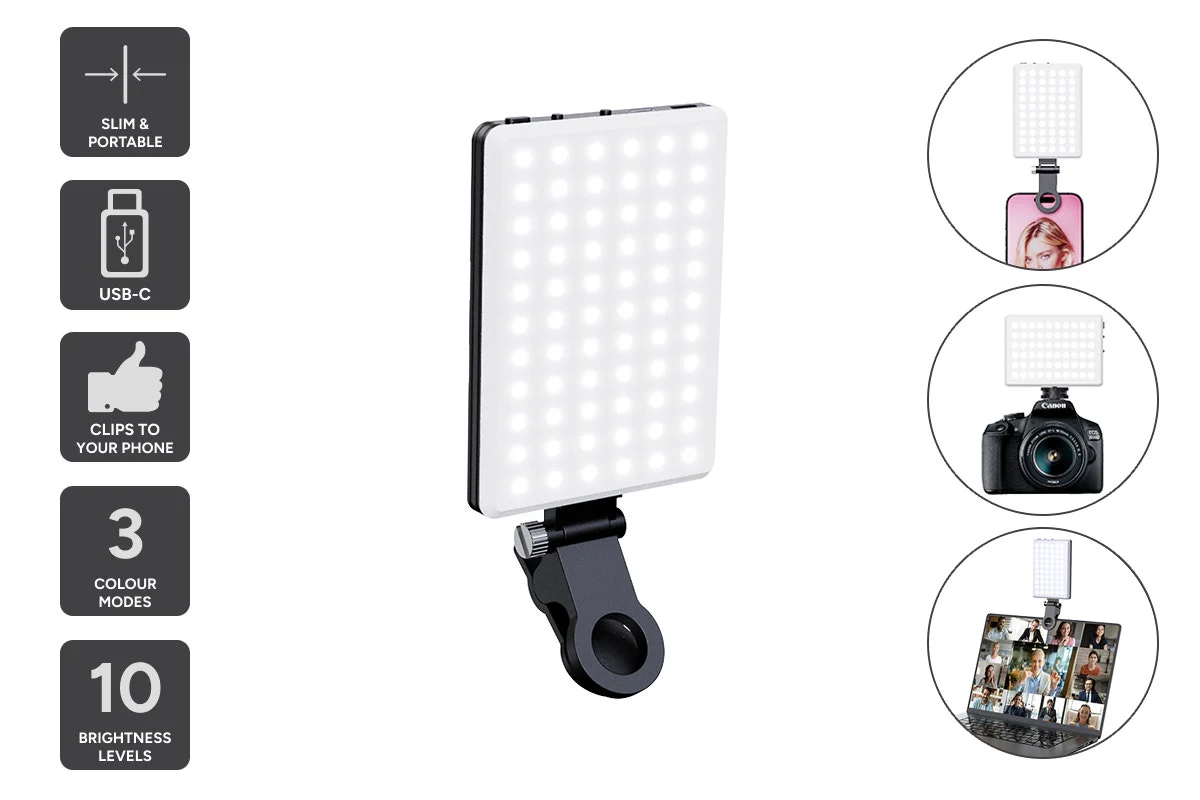 Portable 60 LED Rechargeable Selfie Light with Clip - Customizable Brightness