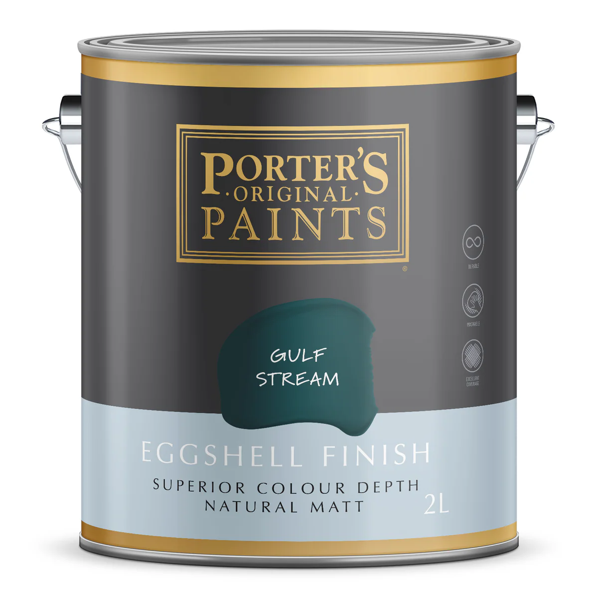 Porter S Washable Paint - 2L - Gulf Stream - Eggshell Finish - 162mm x 156mm x 141mm