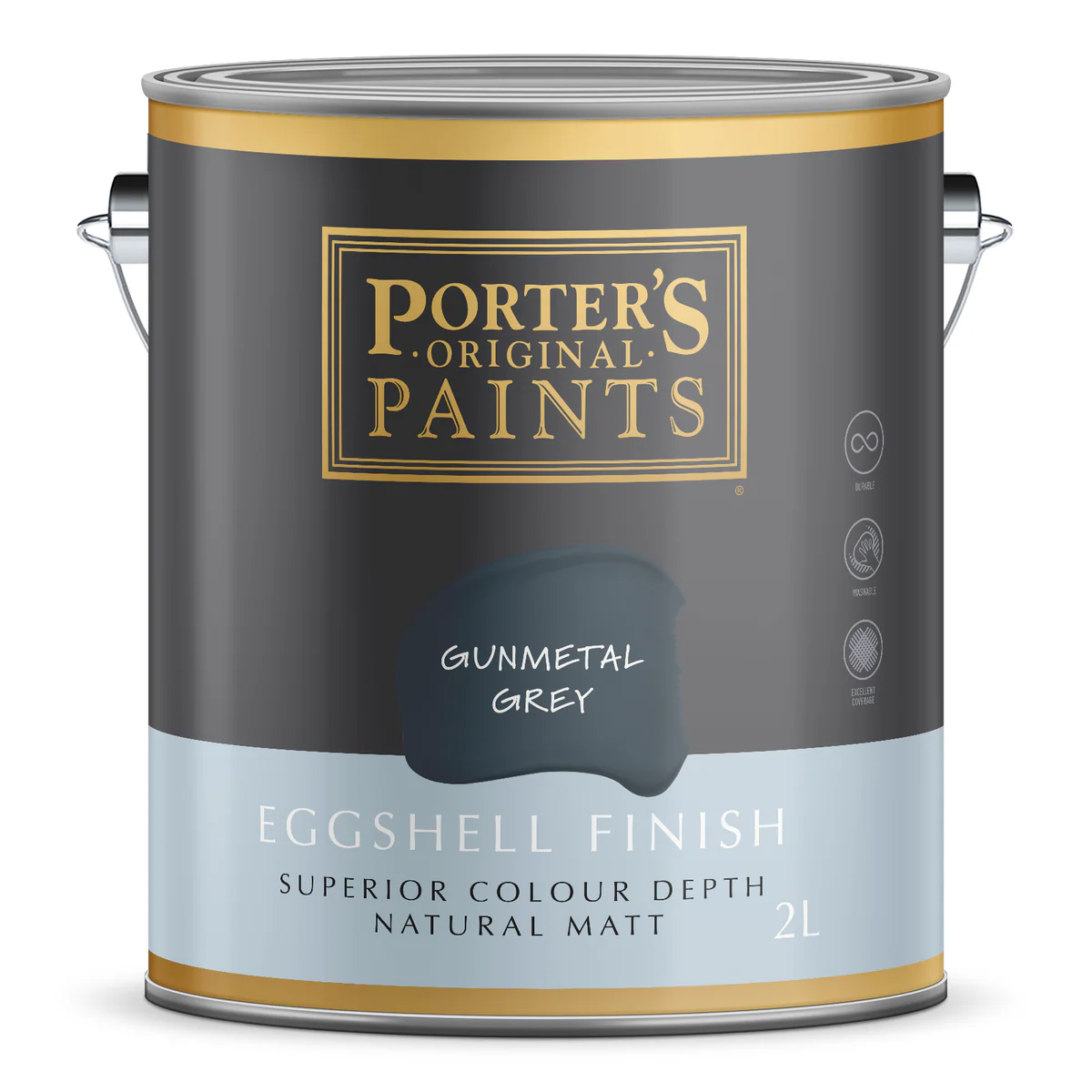 Porter S Washable Paint - 2L - Gunmetal Grey - Eggshell Finish - 162mm x 156mm x 141mm