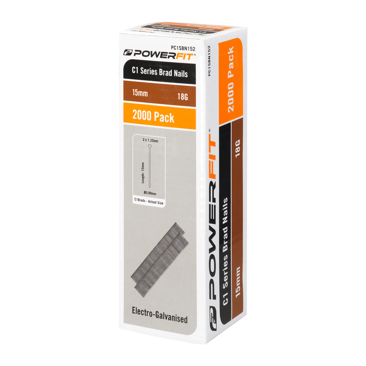 Powerfit 15mm C1 Series Brad Nails - 2000 Pack - Electro Galvanised - Durable