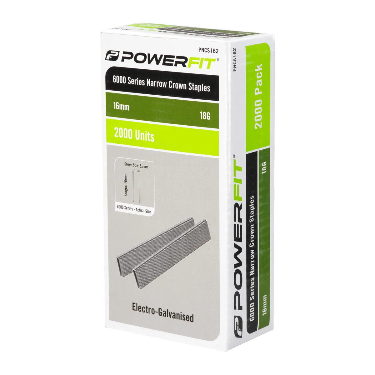 Powerfit 16mm Electro Galvanised Narrow Crown Staples - 2000 Pack - 18 Gauge - Corrosion Resistant