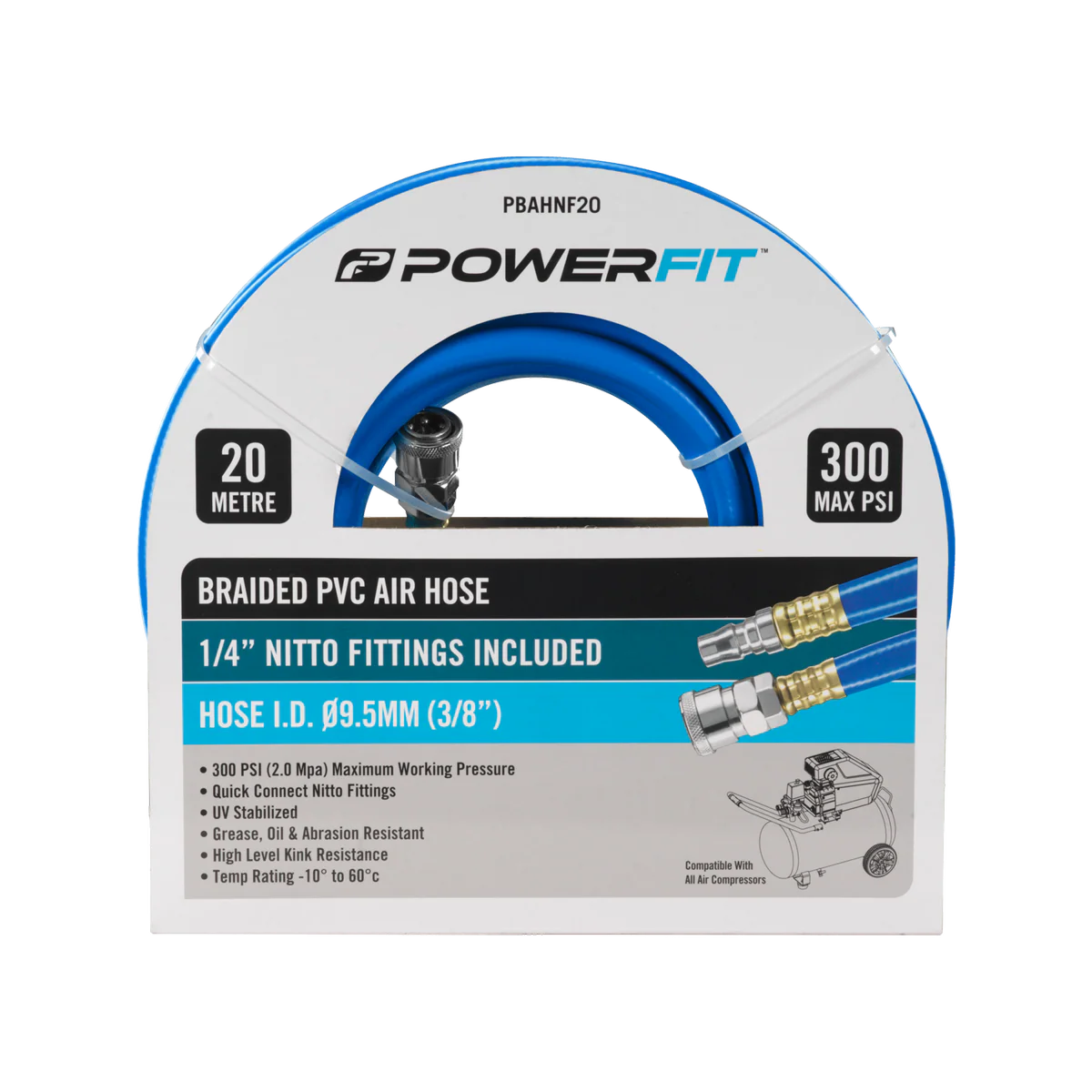 Powerfit 20m Braided Air Hose with Nitto Fittings - 300 PSI - Durable
