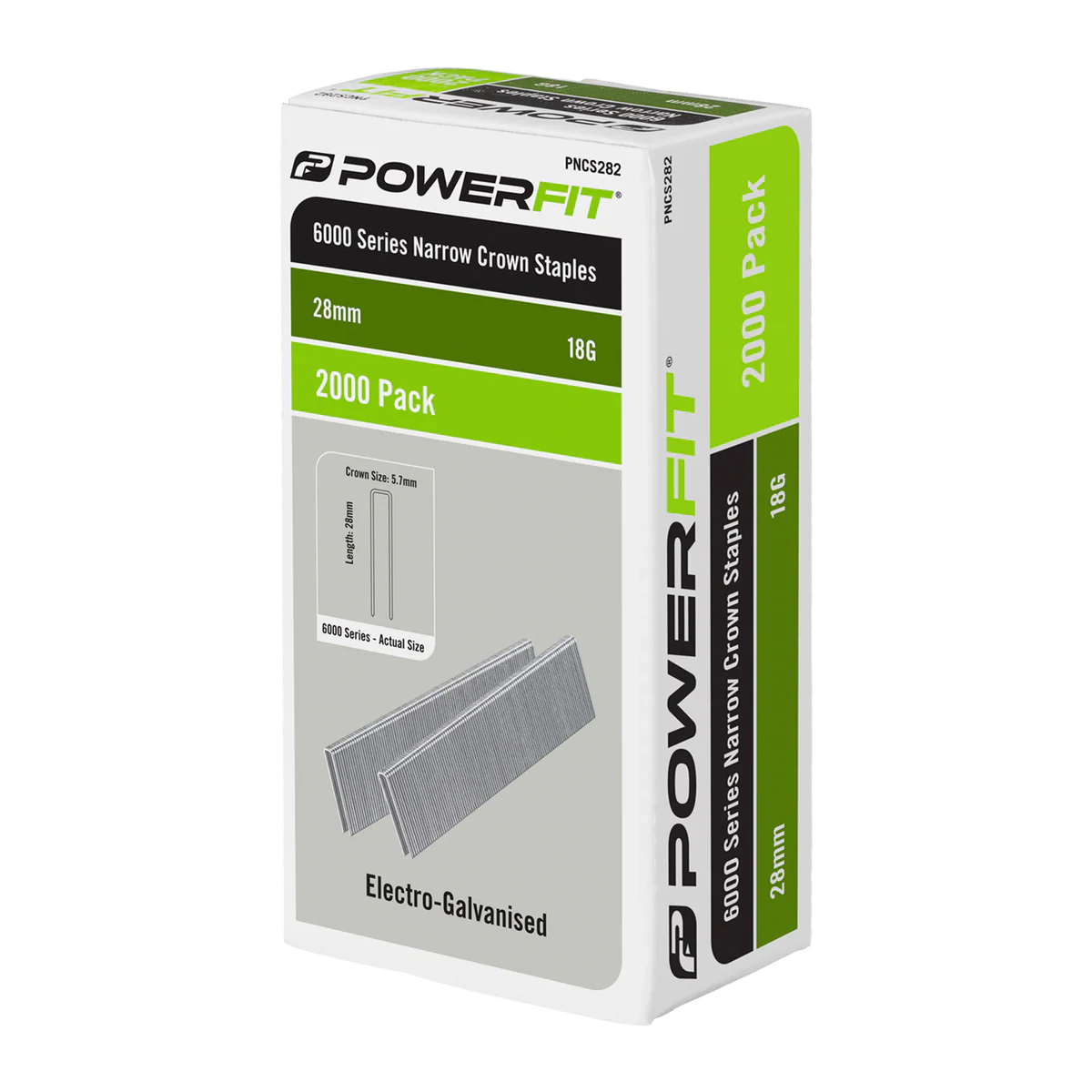 Powerfit 28mm Electro Galvanised Narrow Crown Staples - 2000 Pack - 18 Gauge - Corrosion Resistant