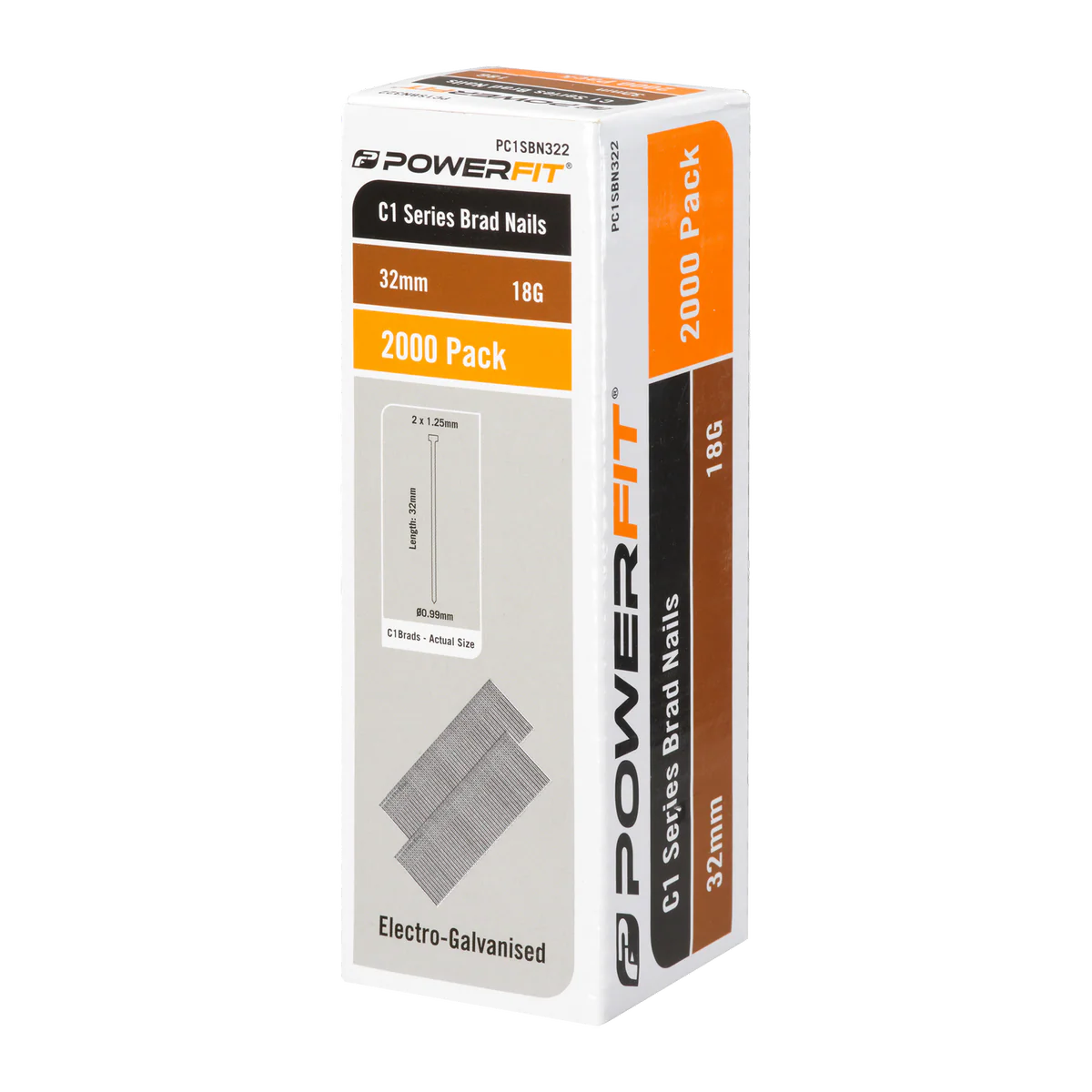 Powerfit 32mm C1 Series Electro Galvanised Brad Nails - 2000 Pack - 18 Gauge - Corrosion Resistant