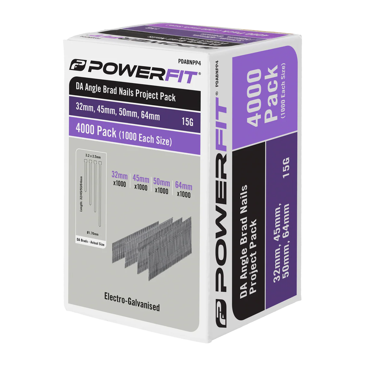 Powerfit 4000 Piece Electro Galvanised DA Angled Brad Nail Pack - 32mm, 45mm, 50mm, 64mm - Corrosion Resistant
