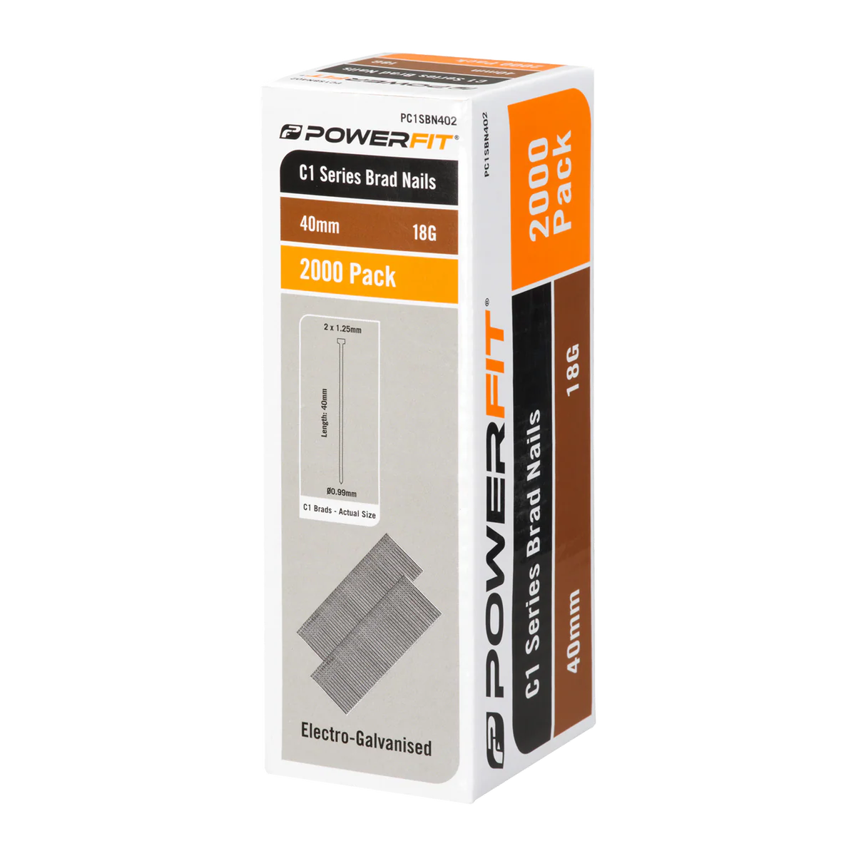 Powerfit 40mm C1 Series Brad Nails - 2,000 Pack - Electro-Galvanised - 18 Gauge