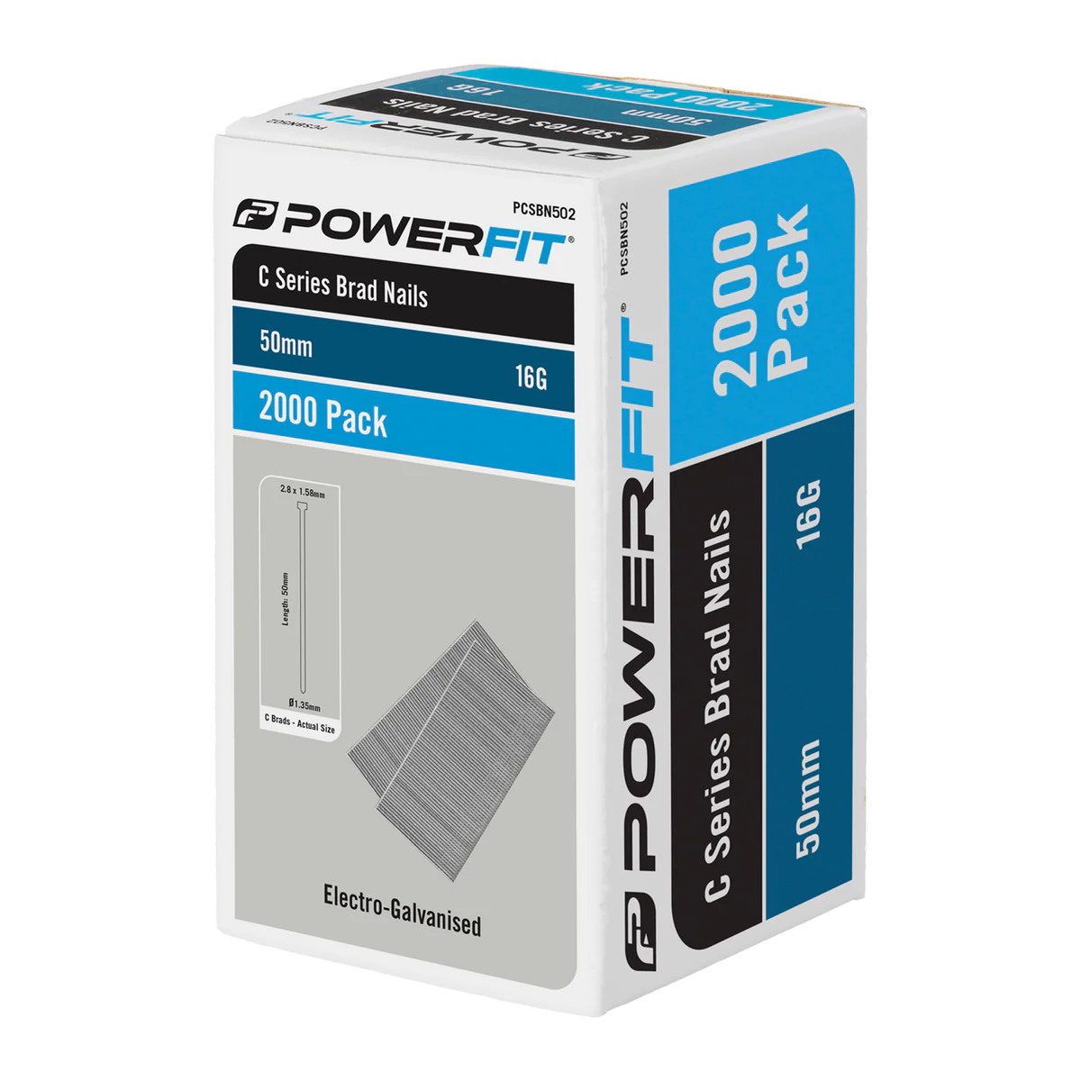 Powerfit 50mm C Series Brad Nails - 2000 Pack - Electro Galvanised - 16 Gauge