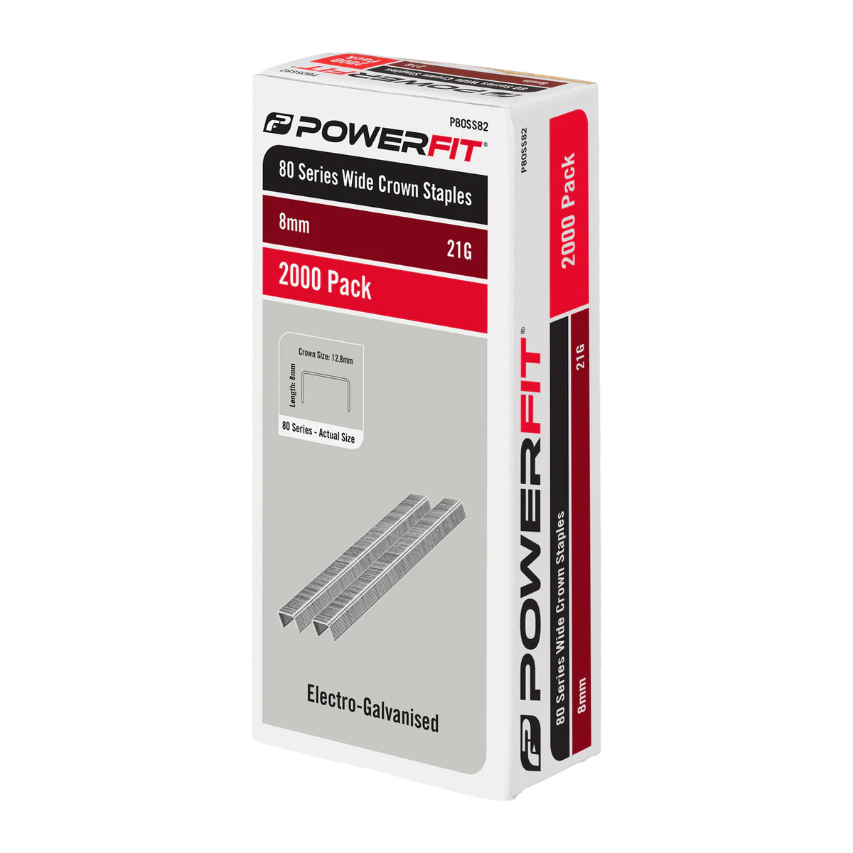 Powerfit 8mm Electro Galvanised Wide Crown Staples - 2000 Pack - 21-Gauge - Durable