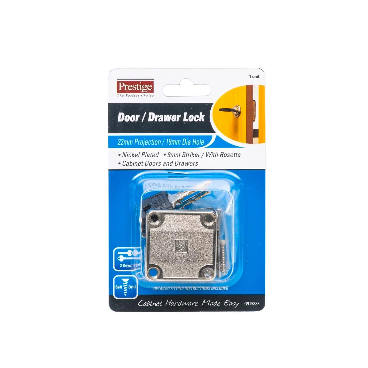 Prestige Door Drawer Lock - 110mm x 19mm - Nickel Plated - 2 Keys