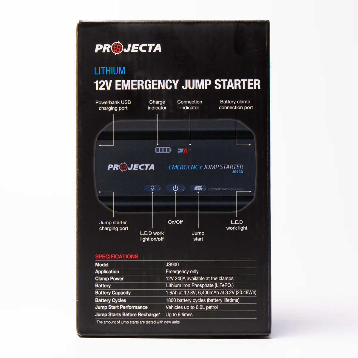 Projecta 12V 900A Jumpstarter - Compact Lithium - 115mm x 185mm x 80mm - Black - 9 Starts - LED Flood Light - USB Power Bank - Image 3