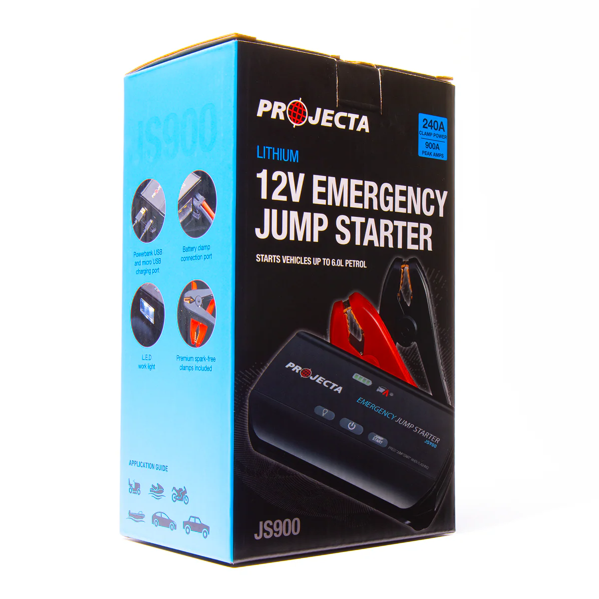 Projecta 12V 900A Jumpstarter - Compact Lithium - 115mm x 185mm x 80mm - Black - 9 Starts - LED Flood Light - USB Power Bank - Image 4