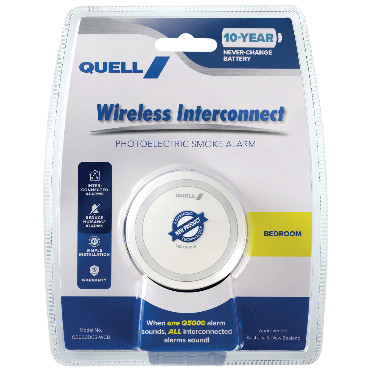 Quell Q5000 Wireless Interconnect Photoelectric Smoke Alarm Bedroom - 10-Year Battery - 78mm x 78mm x 38mm