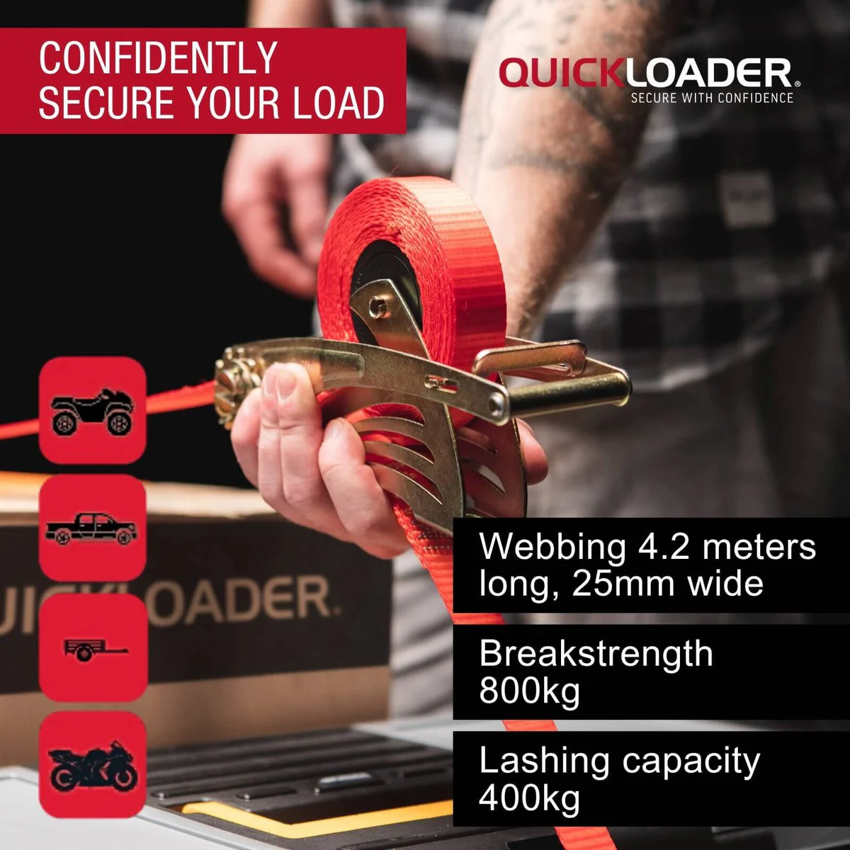 Quickloader 4 Retractable Ratchet Tie Down Strap 2 Pack - 2m 25mm - 400kg Capacity - Red - Image 2
