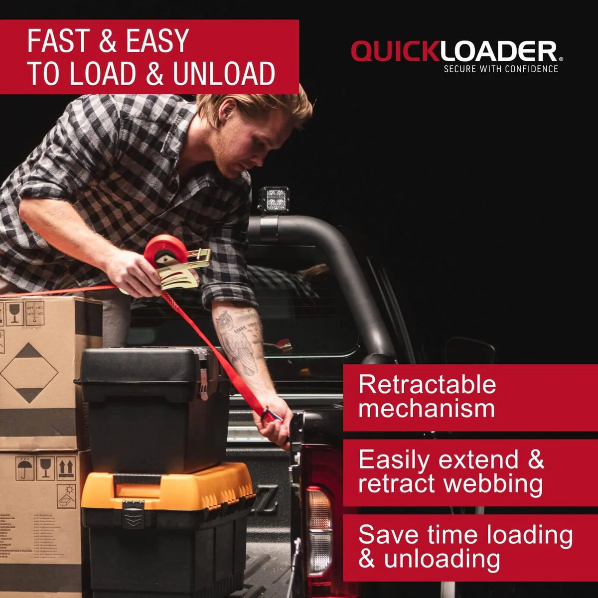 Quickloader Retractable Ratchet Strap Tie Down - 4.5m x 25mm - 600kg - 2 Pack - Durable Webbing - Image 4