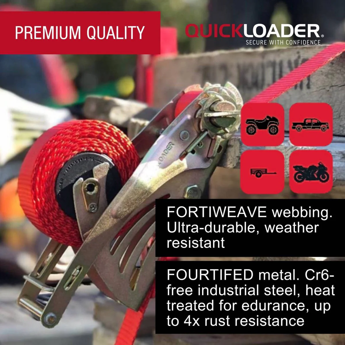 Quickloader Retractable Ratchet Strap Tie Down 5m x 35mm 1000kg - 2 Pack - Red - Heavy-Duty Cargo Securement - Image 5