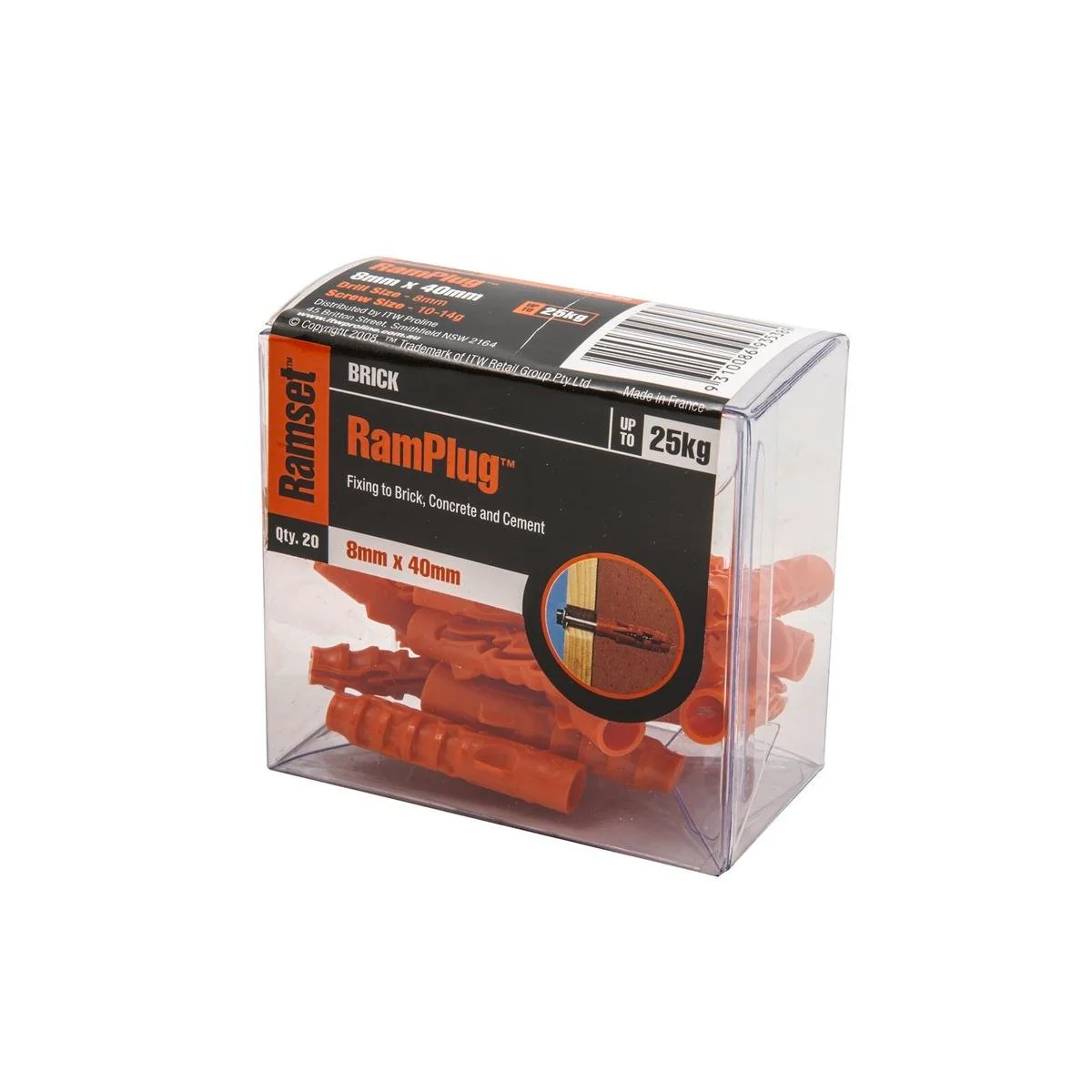 Ramset 8mm Nylon Anchor Ramplug 20 Pack - Light Duty - Orange