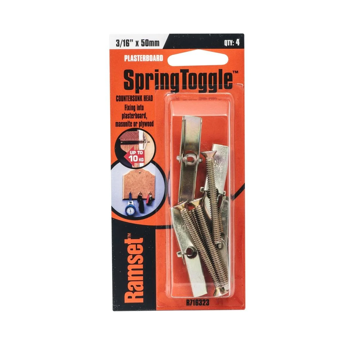 Ramset Countersunk Head Toggle Spring 3 16 x 50mm Gold Steel 4 Pack