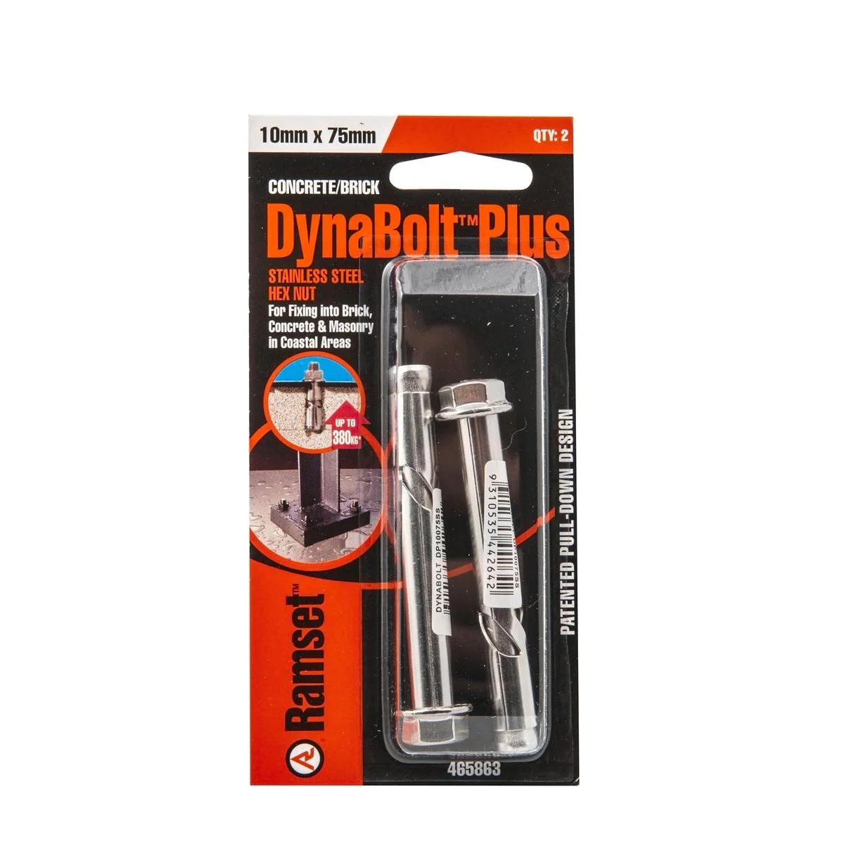 Ramset DynaBolt Plus 10 x 75mm Stainless Steel Anchor 2 Pack