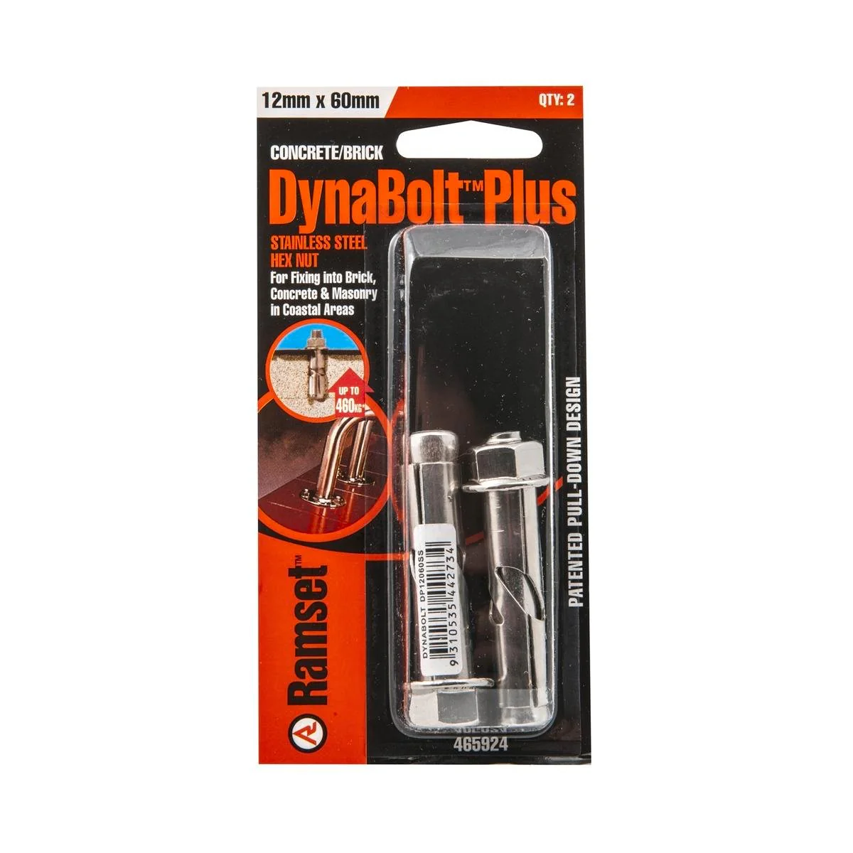 Ramset DynaBolt Plus 12mm x 60mm Stainless Steel 2 Pack Secure Anchor