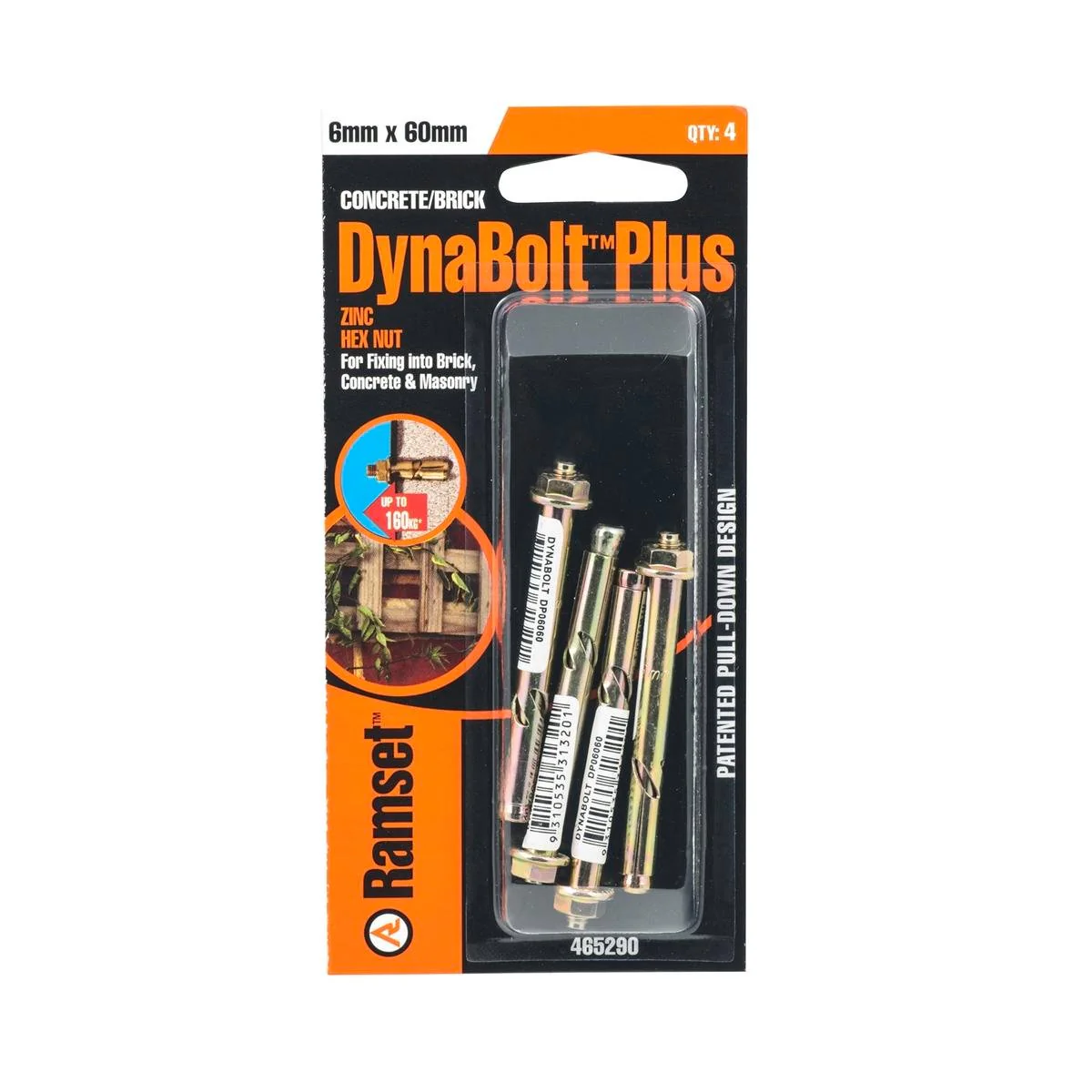 Ramset DynaBolt Plus 6mm Hex Nut Bolt 4 Pack Gold Zinc Steel