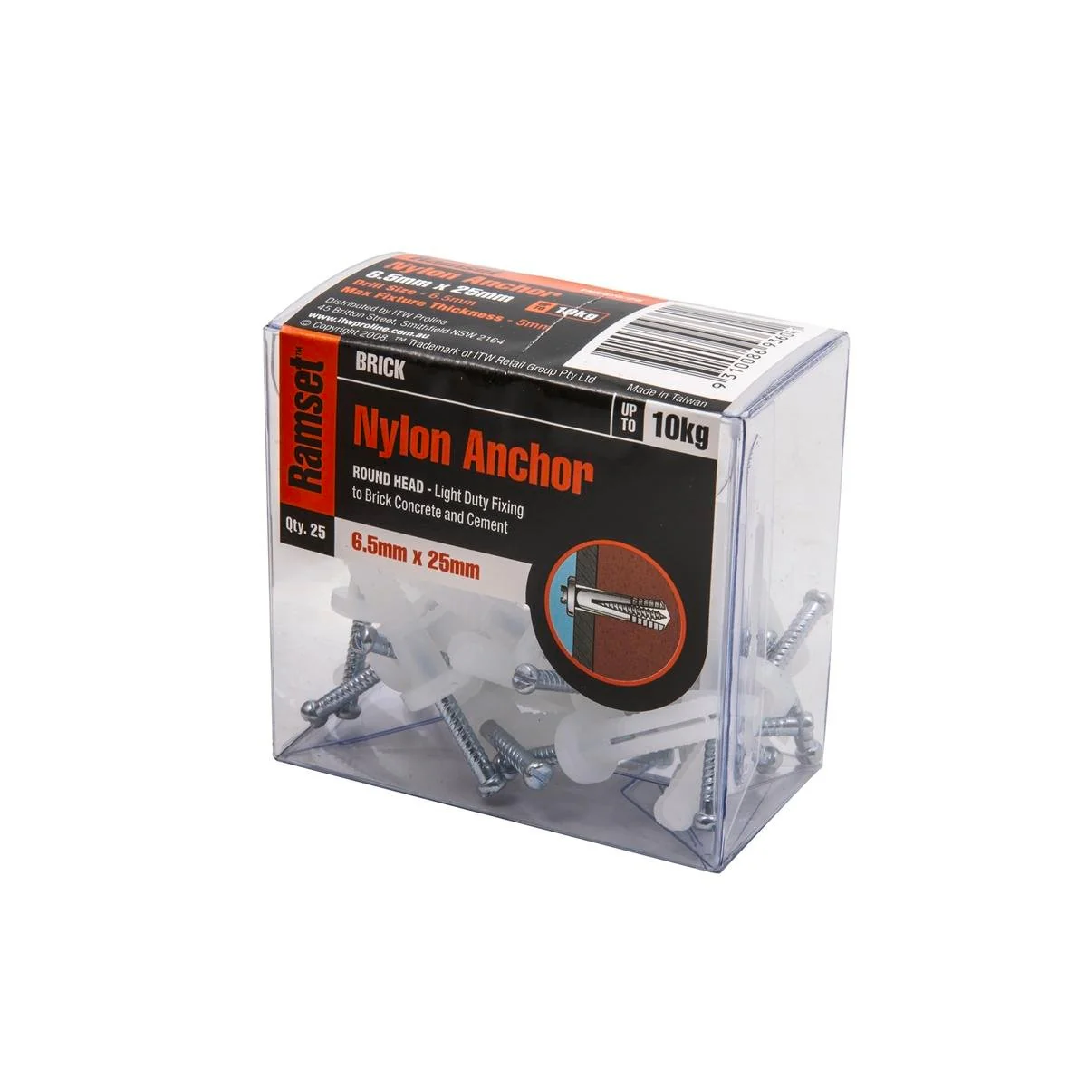 Ramset Nylon Anchor 6.5mm x 25mm Pack of 25 - Light Duty - Removable