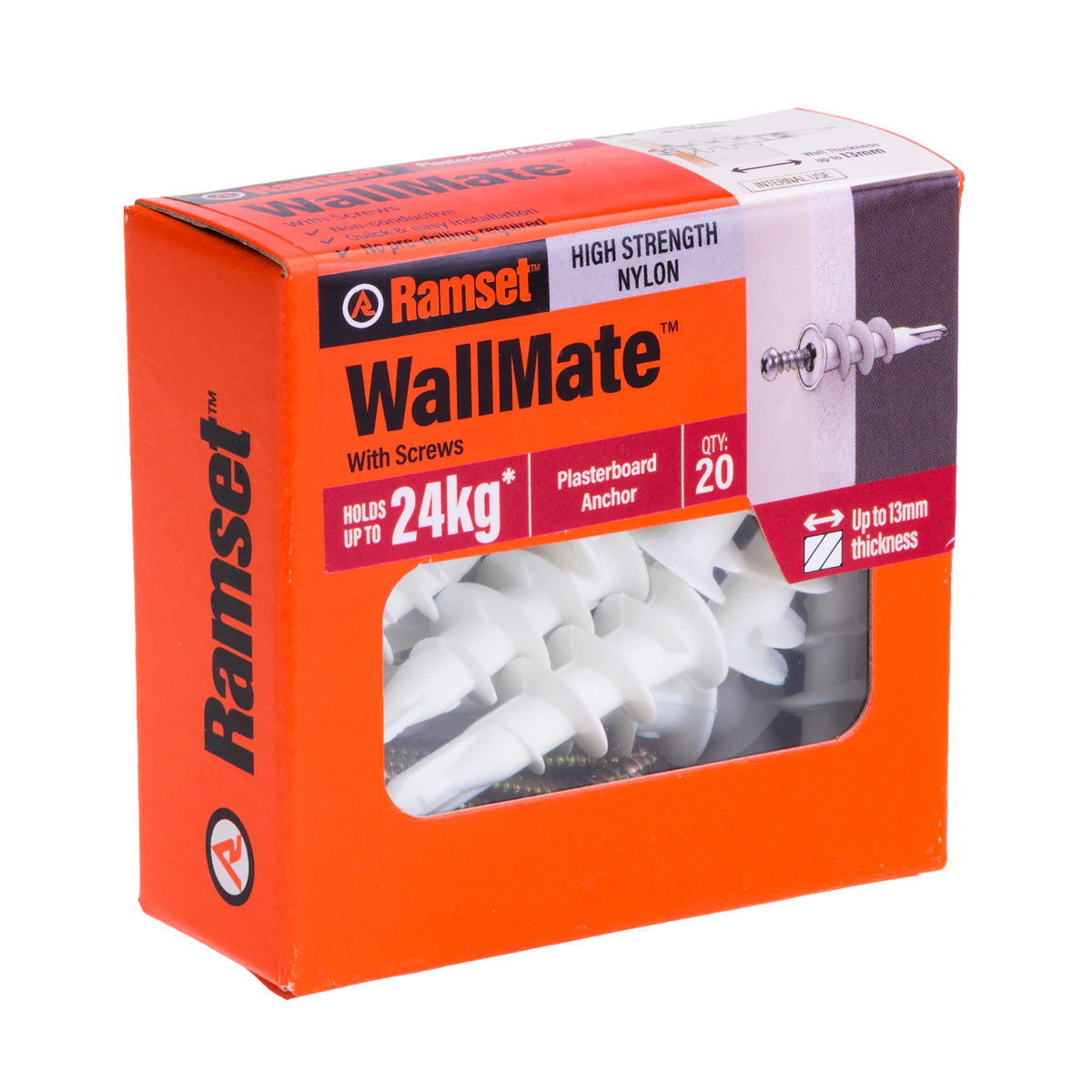 Ramset Nylon Wallmate Plasterboard Anchor with Screws 20 Pack - 75mm x 70mm - Easy Installation - Non-Conductive
