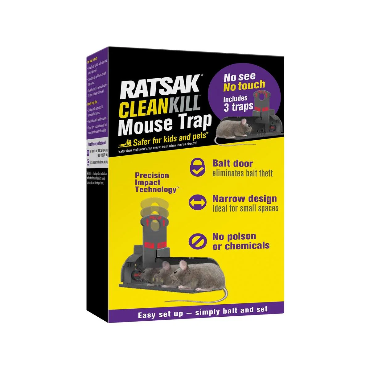 Ratsak Clean Kill Mouse Trap 3 Pack - Enclosed Design - 63mm x 231mm - Safe for Kids and Pets