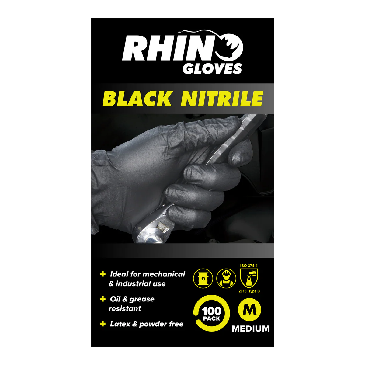 Rhino Gloves Medium Nitrile Disposable Gloves 100 Pack - Puncture Resistant - Textured Grip - 220mm x 125mm x 60mm - Image 3