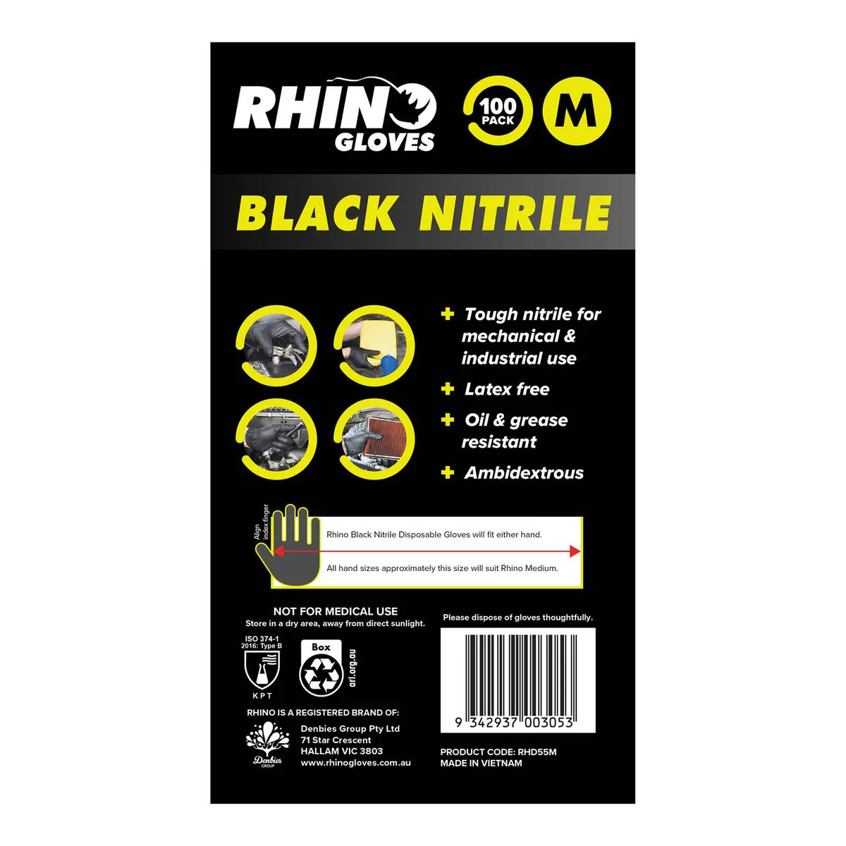 Rhino Gloves Medium Nitrile Disposable Gloves 100 Pack - Puncture Resistant - Textured Grip - 220mm x 125mm x 60mm - Image 4