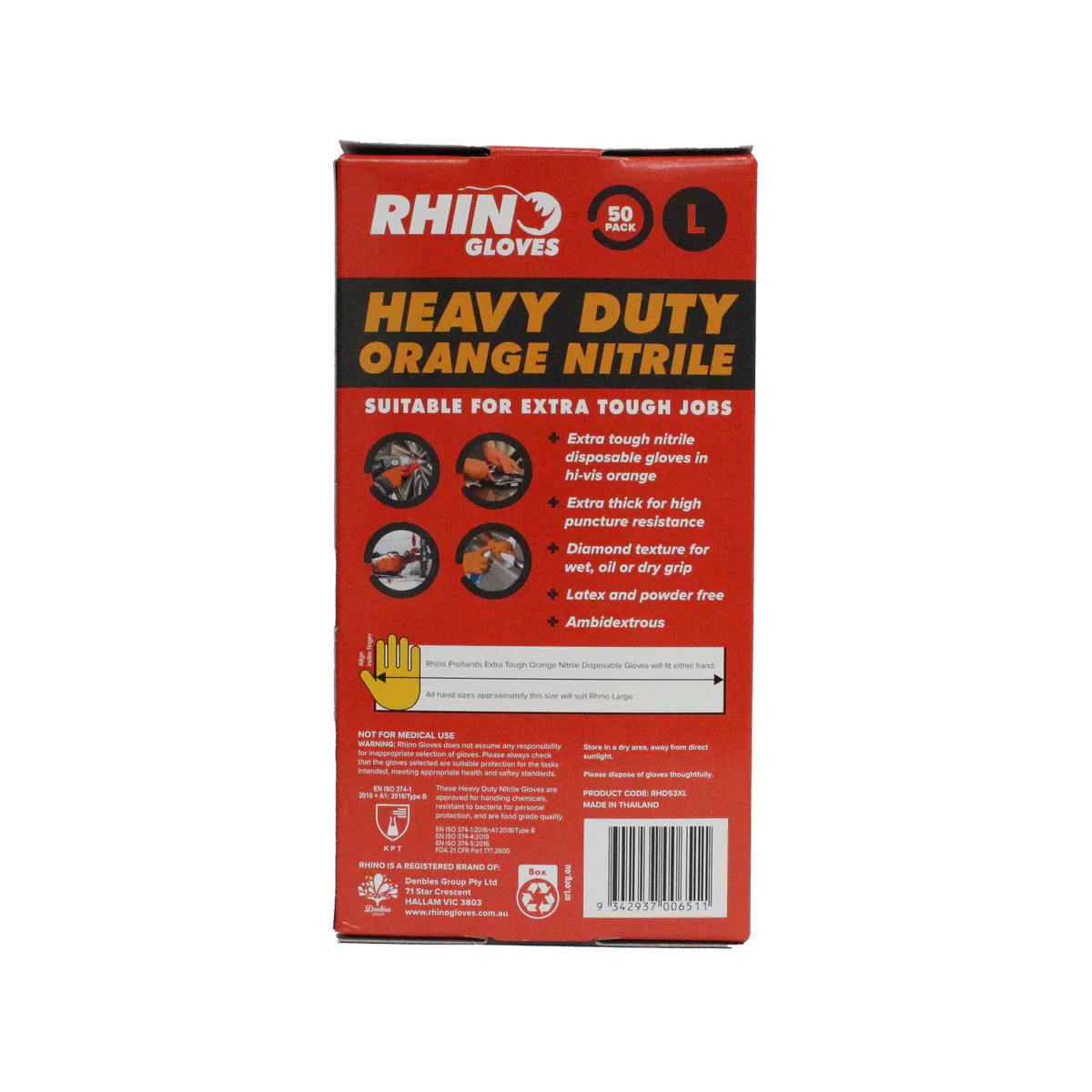 Rhino Large Nitrile Disposable Gloves - 50 Pack - Orange - Heavy Duty - Puncture Resistant - Enhanced Grip - Image 3