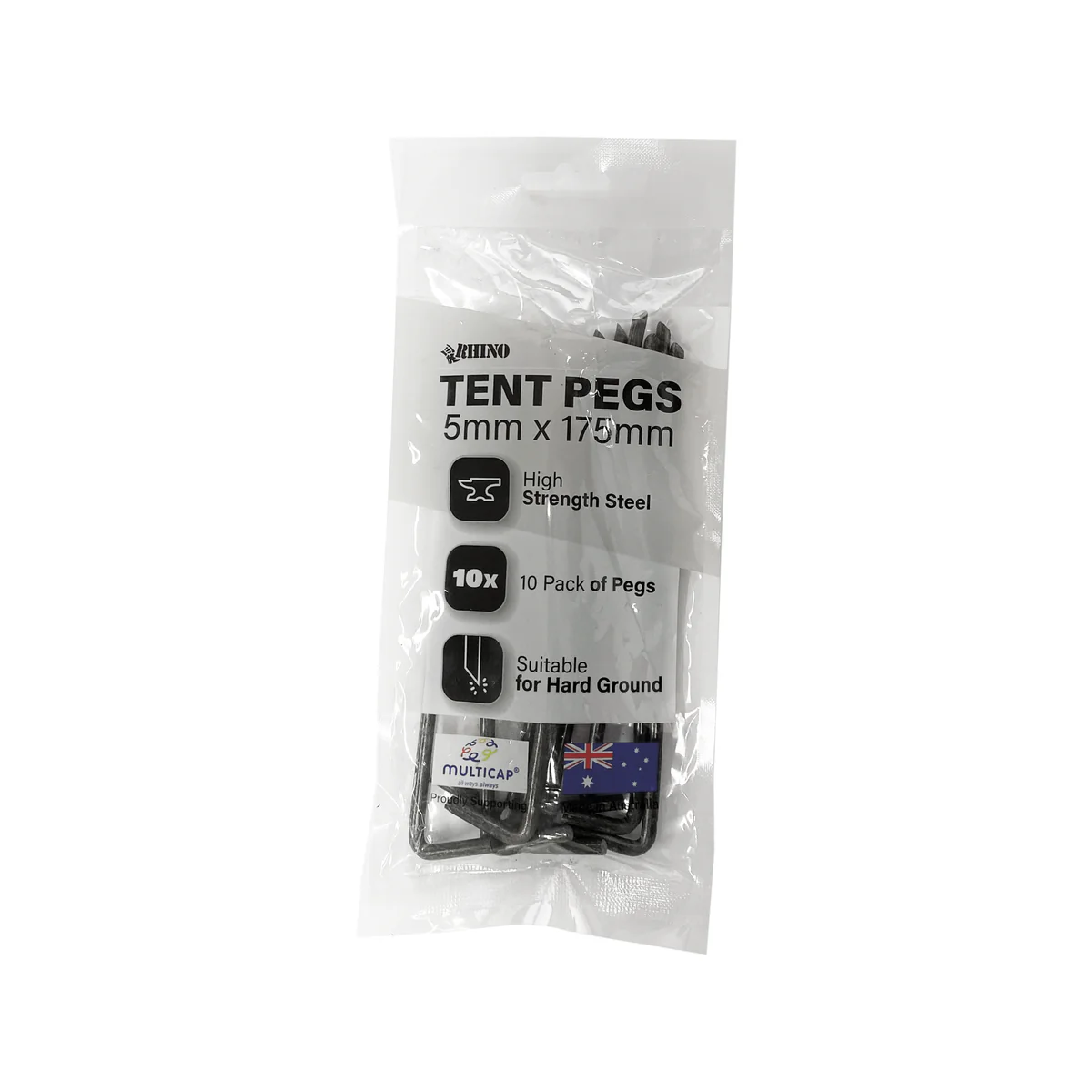 Rhino Tent Peg 10 Pack - 5 x 175mm - Heavy-Duty Steel - Medium-Hard Ground