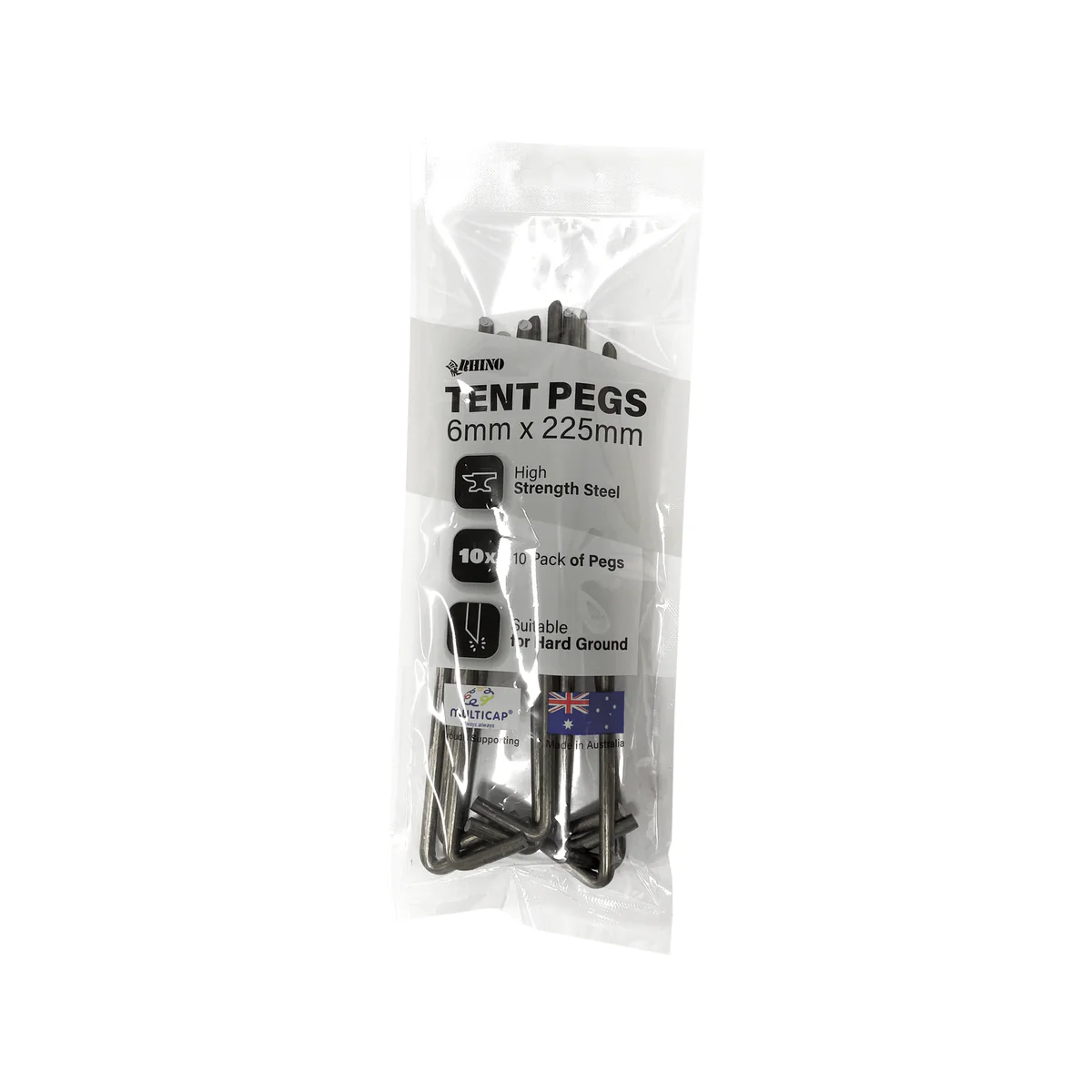 Rhino Tent Peg 10 Pack - 6 x 225mm Heavy-Duty Steel for Medium-Hard Ground
