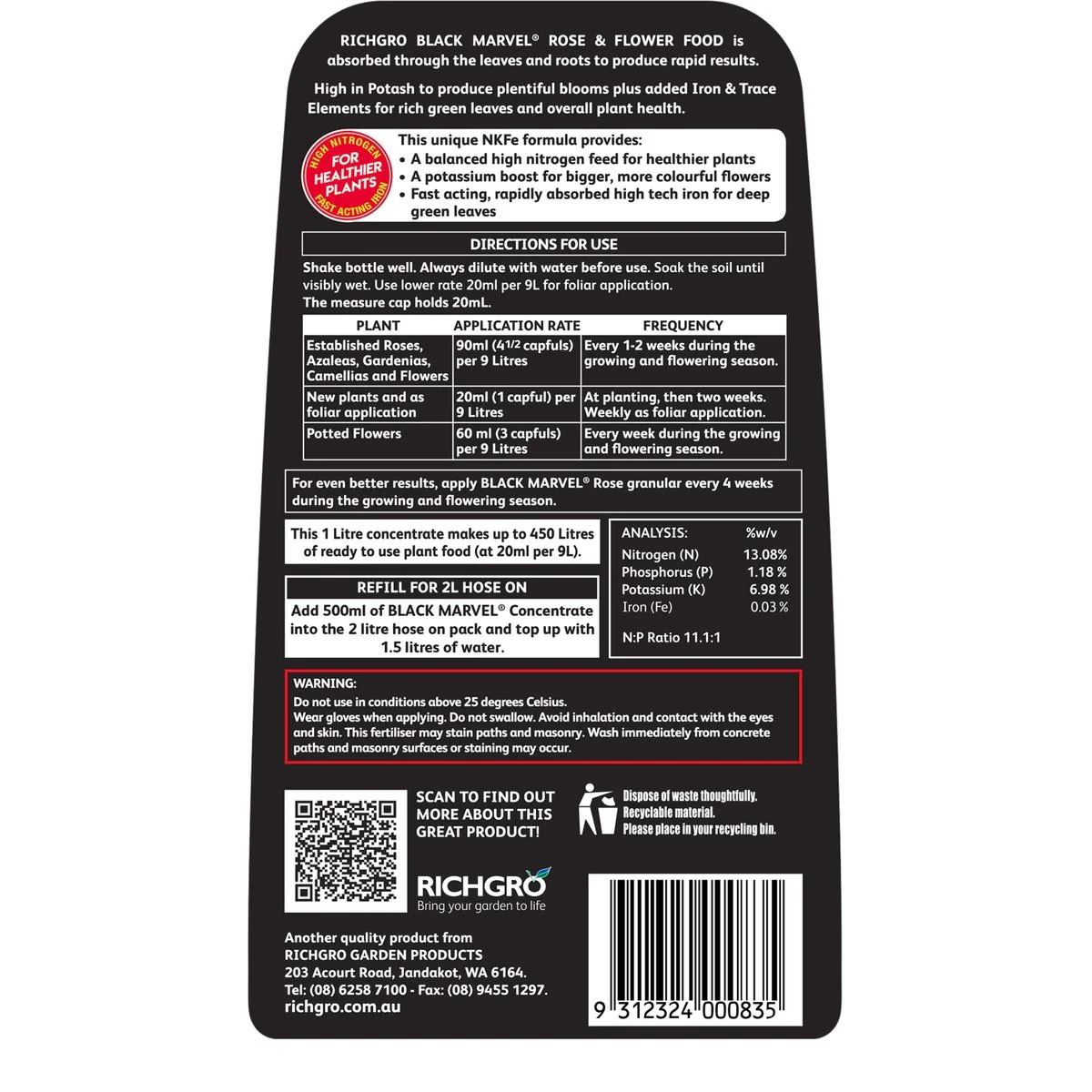 Richgro Black Marvel Rose Flower Food Liquid Fertiliser 1L Concentrate - Image 2