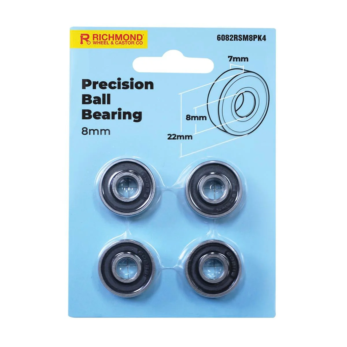 Richmond Precision Ball Bearings 4 Pack - 22 x 8 x 7mm - Rubber Sealed